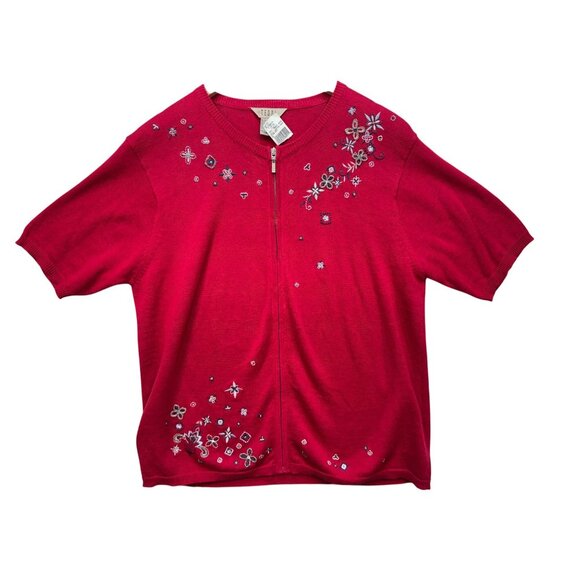 Vintage Teddi Knitted Cardigan Sweater Size M Red Embroidery Floral Full Zip NWT - Picture 1 of 13